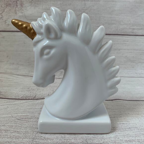 White Ceramic Unicorn Statue Figurine Bust with Gold Horn Glazed Finish 6" - Picture 3 of 14